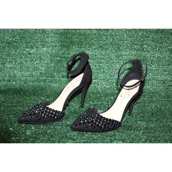 Jessica Simpson Jeweled Pointy Black Stiletto Heels Size 8.5 39 - Picture 1 of 11